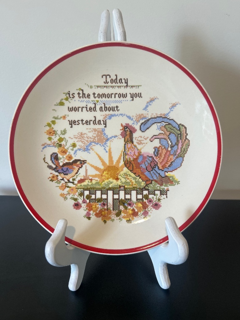 Cross-Stitch Style Farm Country Rooster Decor Plate 8”